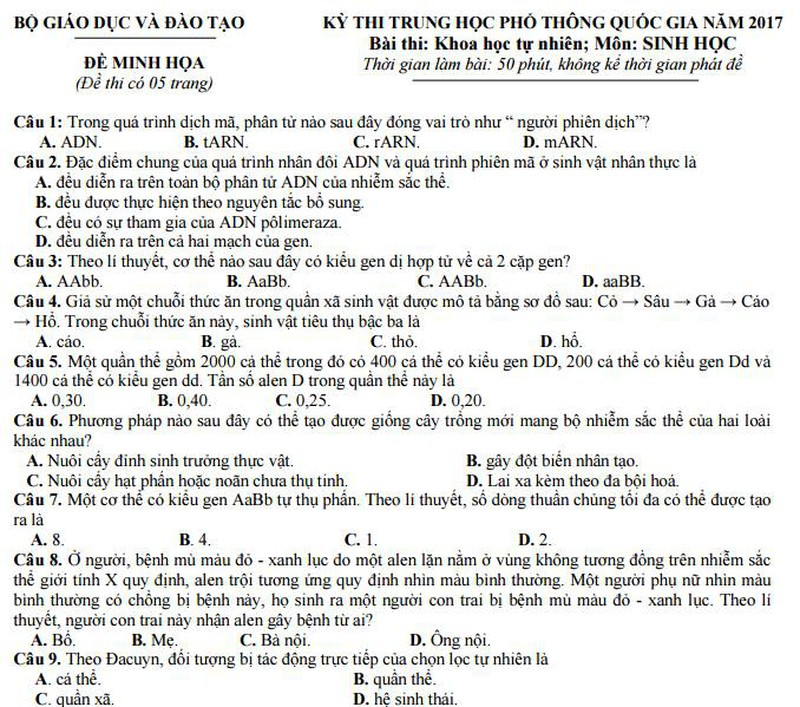 Bộ GD&ĐT công bố đề thi minh họa môn Sinh năm 2017 - ảnh 1