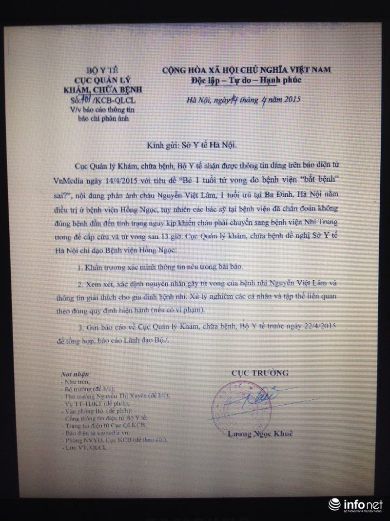 Bộ Y tế yêu cầu làm rõ thông tin cháu bé 1 tuổi tử vong - ảnh 1