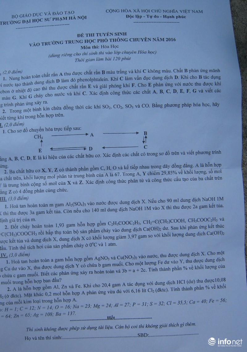 Gợi ý đáp án đề thi môn Hóa vào lớp 10 khối chuyên Đại học Sư phạm Hà Nội - ảnh 2