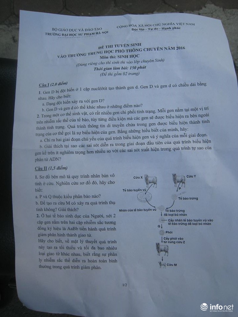 Gợi ý đáp án môn Sinh vào lớp 10 khối chuyên Đại học Sư phạm Hà Nội năm 2016 - ảnh 2