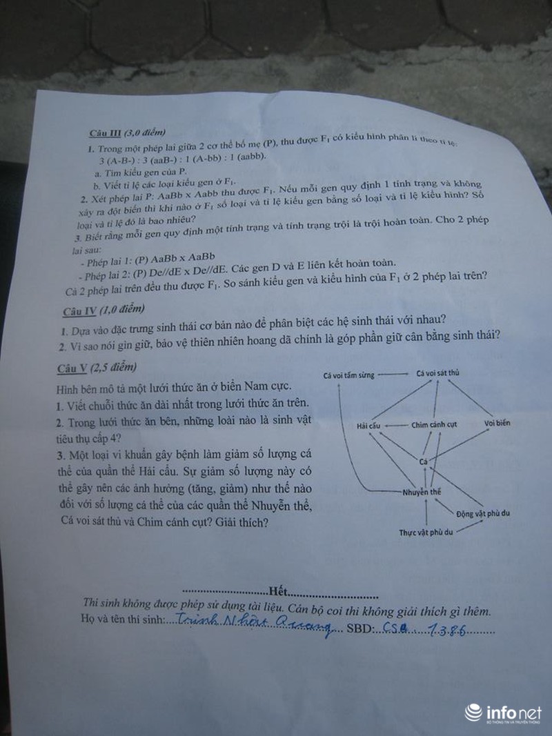 Gợi ý đáp án môn Sinh vào lớp 10 khối chuyên Đại học Sư phạm Hà Nội năm 2016 - ảnh 3