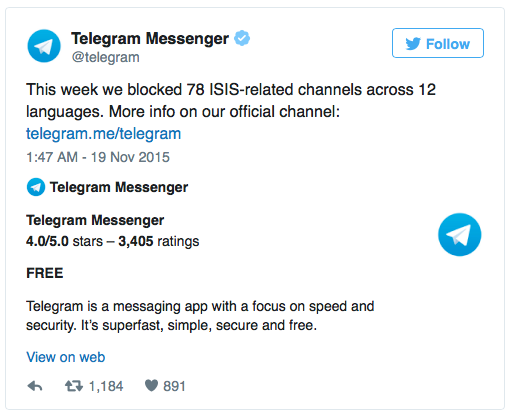 Telegram đã khoá 78 kênh được cho liên quan đến IS. Ảnh: Twitter.