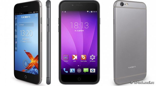 4.Texet iX-maxi Người “anh em” của iPhone 6 đến từ Nga, với mọi chi tiết y hệt bản chính. Sản phẩm có màn hình 4,7 inch LCD, độ phân giải 540x960, sử dụng chip quad-core MediaTek MT6582 1.3GHz, RAM 1G, 8G bộ nhớ trong, Ở phía sau, camera phía sau 8MP phía sau và 2MP ở phía trước, pin dung lượng 1.600 mAh. Texet iX-maxi cũng đc bán với giá 174 USD.
