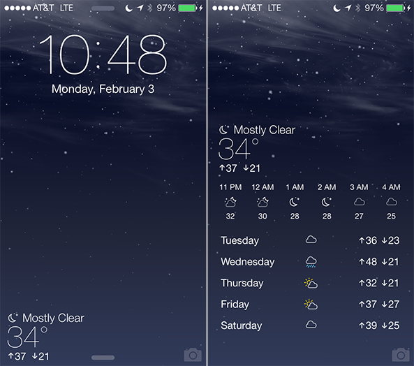 Forecast: Giúp người dung thay đổi Màn hình khóa và Màn hình chính theo thời tiết hiện tại theo Vị trí hiện tại. Ngoài ra tại Màn hình khóe Tweak còn hiển thị nhiệt độ hiện tại và của ngày hôm đó. Bạn có thể trượt Màn hình khóa qua phải để xem dự báo thời tiết chi tiết hơn. Ảnh: idownloadblog.com.