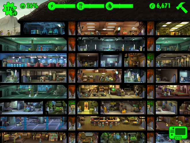 Fallout Shelter trên thiết bị di động được tung ra với mục đích tạo sức hút cho phiên bản trên máy tính và máy chơi game console. Nhưng sau 14 ngày phát hành, phiên bản trên iOS đã giúp nhà sản xuất thu về 5 triệu USD. Trong game, người chơi sẽ vào vai quản lý khu hầm trú ẩn, điều hành hoạt động, cung cấp lương thực, thực phẩm và bảo vệ mọi người trước những nguy cơ từ bên ngoài. Fallout Shelter cho phép tải miễn phí, nguồn thu chính đến từ vật phẩm giúp game thủ rút ngắn thời gian phát triển của nhân vật và cơ sở hạ tầng trong game.