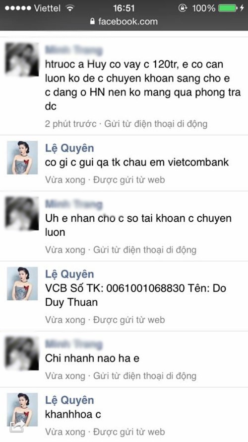 Cuộc trò chuyện giữa hacker dưới Facebook Lệ Quyên và một người bạn của cô.