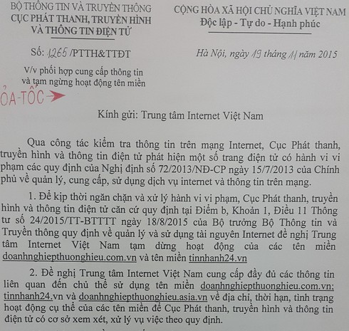 Công văn hỏa tốc đề nghị tạm dừng tên miền tinnhanh24.vn - ảnh 1