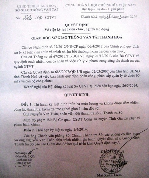 Thanh Hóa: Bắt quả tang nhận mãi lộ, ba thanh tra GT bị kỷ luật - ảnh 1