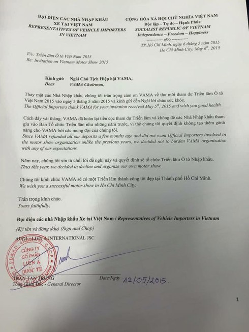 Bức thư 'tự ái' sẽ làm nên triển lãm Ô tô nhập khẩu 2015? - ảnh 1