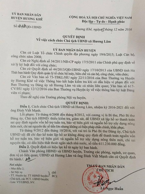 Hà Tĩnh: Cách chức chủ tịch xã vì để xảy ra nhiều sai phạm - ảnh 1