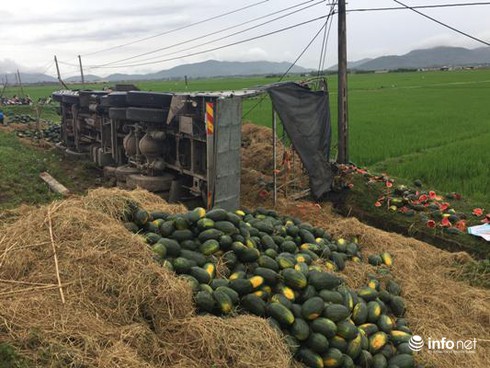 Hà Tĩnh: Xe tải chở 20 tấn dưa lật úp xuống ruộng, dân ra bốc giúp - ảnh 1