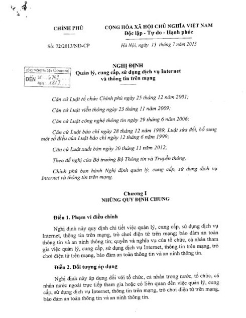 Toàn văn Nghị định số 72/2013/NĐ-CP về Quản lý, cung cấp, sử dụng dịch vụ Internet... - ảnh 1