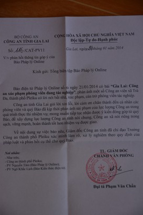 Công an tỉnh Gia Lai xin lỗi 2 phóng viên - ảnh 1