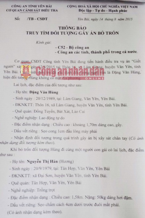 Thông báo truy tìm nghi can vụ thảm án ở Yên Bái - ảnh 2