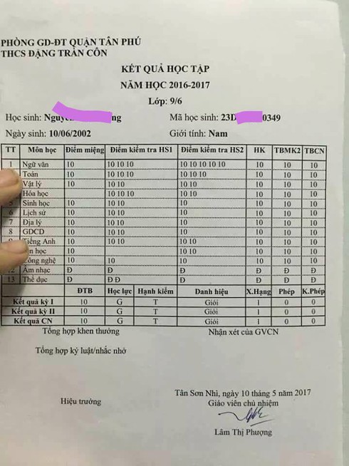 Thực hư bảng điểm toàn 10 của học sinh Trường THCS Đặng Trần Côn - ảnh 1