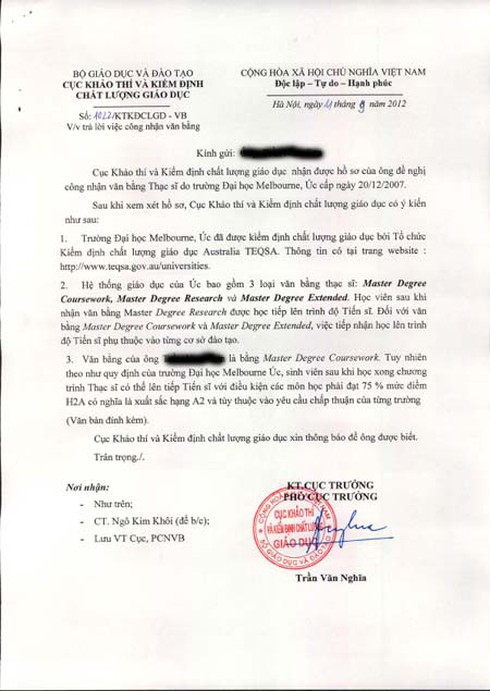 Thạc sỹ ĐH Melbourne không đạt chuẩn Thạc sỹ tại Việt Nam? - ảnh 1