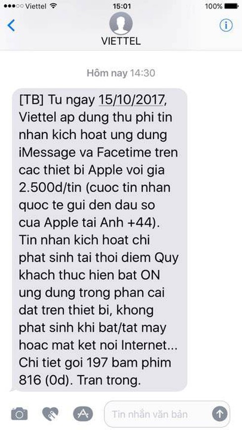Thuê bao bất ngờ khi Viettel gửi SMS thông báo thu phí kích hoạt iMessage và Facetime - ảnh 1