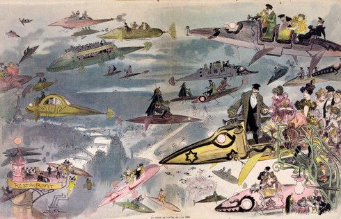 Họa sĩ Albert Robida vào năm 1882 đã tưởng tượng những thiết bị bay công cộng và cá nhân sẽ trở nên phổ biến trên bầu trời thế giới năm 2000. Ảnh: Wikimedia Commons.