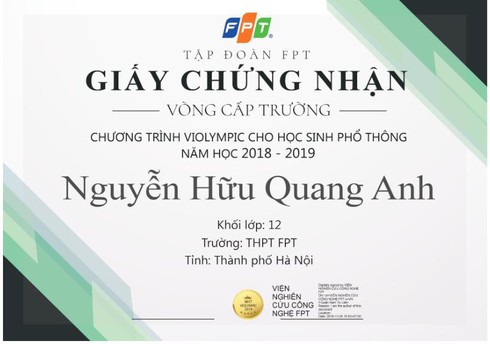 FPT cấp giấy chứng nhận điện tử cho thí sinh dự vòng cấp tỉnh, thành phố ViOlympic