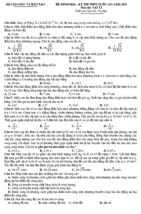 Kỳ thi THPT quốc gia: Bộ GDĐT công bố đề thi mẫu môn Vật lý - ảnh 2