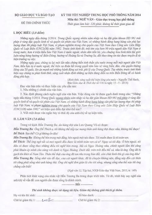 Đề thi tốt nghiệp môn Văn 2014 đề cập đến tình hình biển Đông - ảnh 1