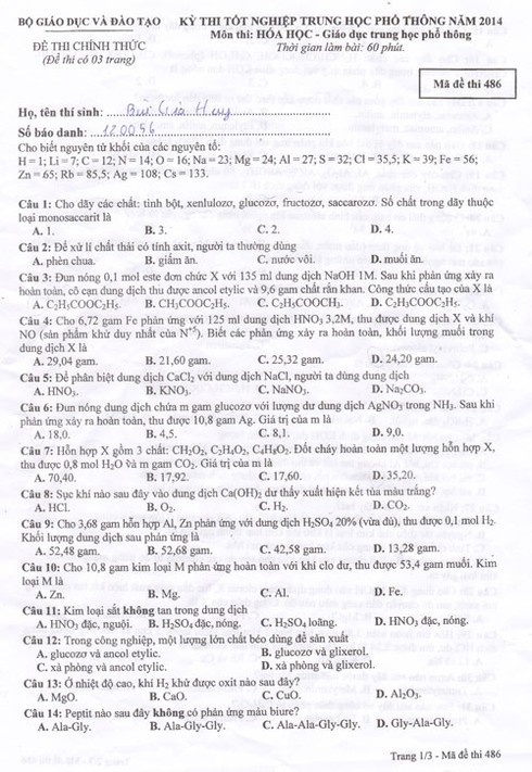 Đáp án gợi ý đề thi môn Hóa học kỳ thi tốt nghiệp THPT 2014 - ảnh 2