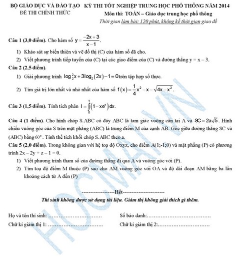 Đề thi, đáp án gợi ý môn Toán kỳ thi tốt nghiệp THPT 2014 - ảnh 2