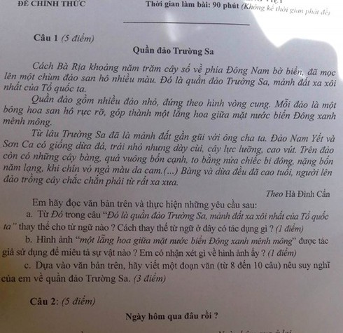 Đề thi lớp 6 trường chuyên Trần Đại Nghĩa đề cập đến Trường Sa - ảnh 1