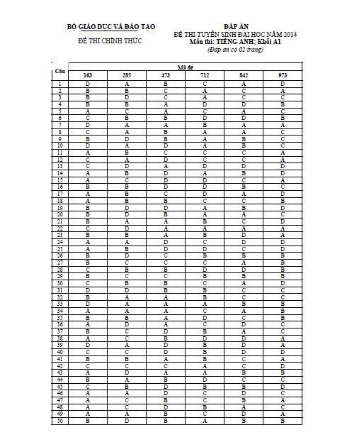 Đáp án đề thi môn Tiếng Anh khối A1 chính thức năm 2014 - ảnh 2