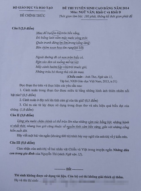 Đáp án Văn Cao đẳng khối C, D năm 2014 - ảnh 1