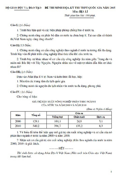 Kỳ thi THPT quốc gia: Bộ GDĐT công bố đề thi mẫu môn Địa lý - ảnh 1