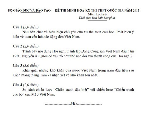 Kỳ thi THPT quốc gia: Bộ GDĐT công bố đề thi mẫu môn Sử - ảnh 1