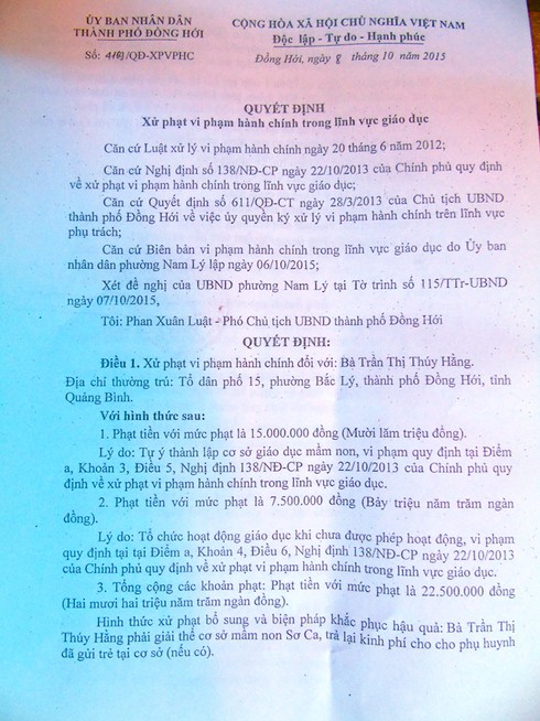 Phạt 22,5 triệu đồng, giải thể cơ sở mầm non Sơn Ca - ảnh 1