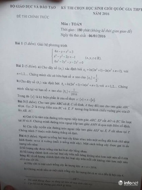 Đề thi học sinh giỏi THPT Quốc gia môn Toán 2016 khó nhằn - ảnh 1