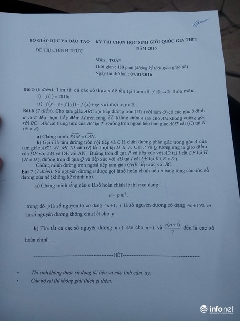Đề thi học sinh giỏi quốc gia THPT 2016 ngày thứ 2 môn Toán, Lý, Sinh - ảnh 1