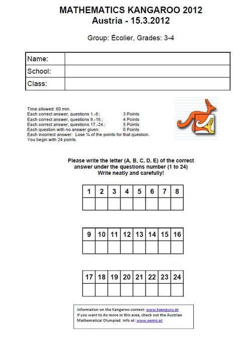 Đề thi Toán quốc tế Kangaroo lớp 3,4 năm 2012 - ảnh 1