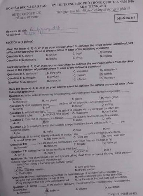 Đề thi tiếng Anh kỳ thi THPT quốc gia năm 2016 - ảnh 7