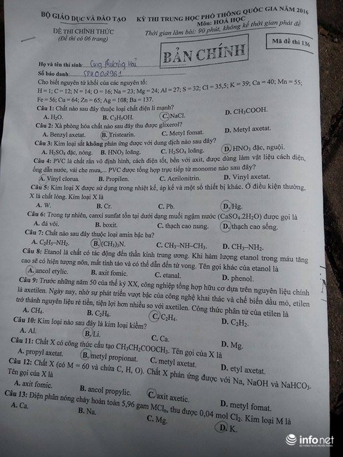 Đề thi môn Hóa học kỳ thi THPT quốc gia 2016 - ảnh 1