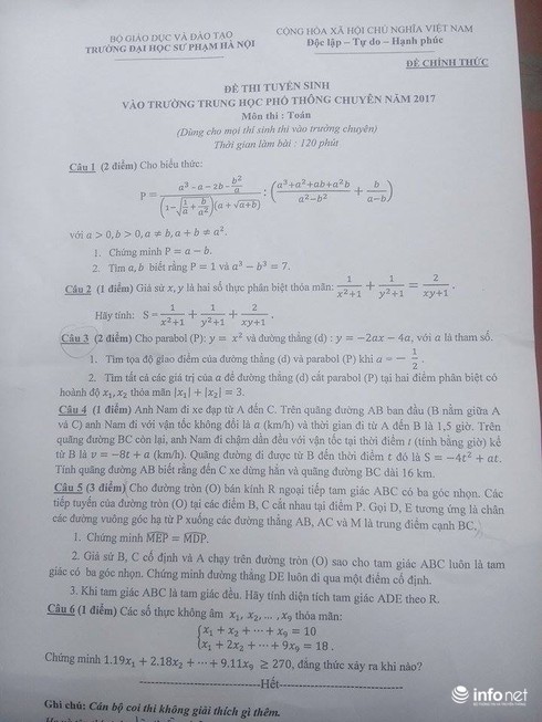 Học sinh than đề Toán THPT hệ chuyên Sư phạm Hà Nội năm 2017 quá khó - ảnh 1