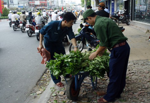Chiến sĩ trẻ bán rau xanh giữa phố