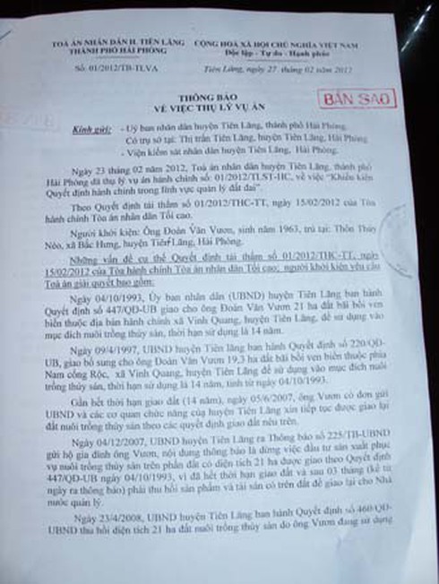 Ông Vươn kiện gì UBND huyện Tiên Lãng?