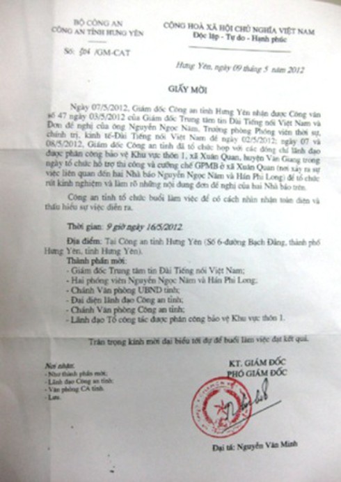 Vụ đánh 2 nhà báo: CA tỉnh Hưng Yên hoãn làm việc với VOV