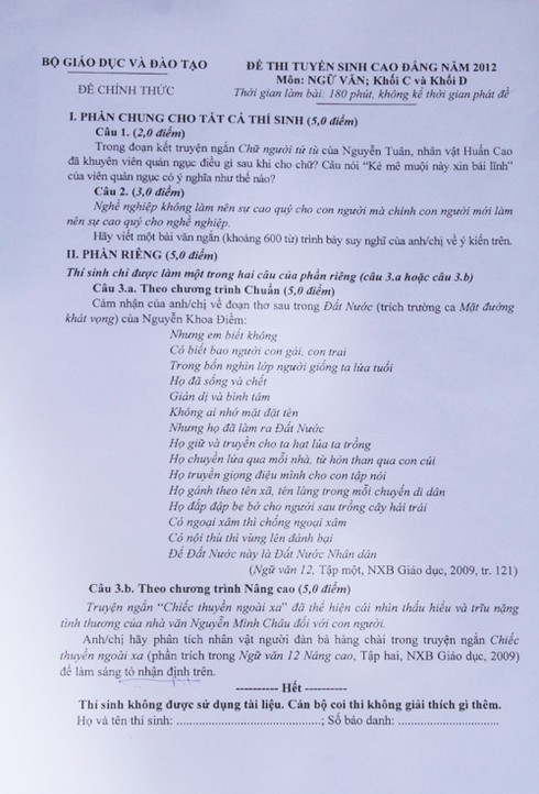 Thí sinh thi CĐ nhẹ nhàng 'vượt ải' môn Văn