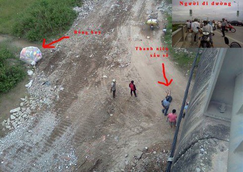 Giữ chùm bóng bay, thanh niên `bay` qua thành cầu Vĩnh Tuy