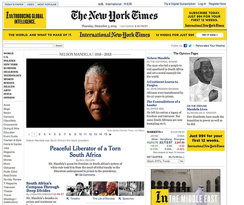 Hình ảnh cựu Tổng thống Nelson Mandela ngập tràn trang bìa báo chí thế giới - ảnh 12