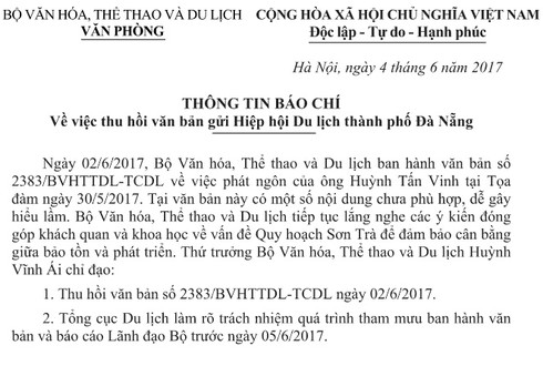Bộ VH-TT và DL thu hồi văn bản