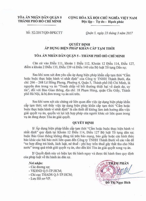 Buộc dừng đăng tin về Thành Bưởi: Báo Giao thông khiếu nại Tòa án Nhân dân Q.5 - ảnh 1