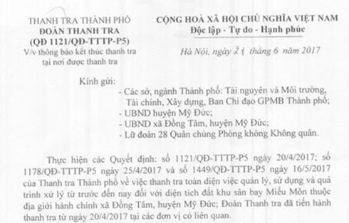 Hà Nội thông báo kết thúc thanh tra đất dự án sân bay Miếu Môn (Đồng Tâm) - ảnh 1