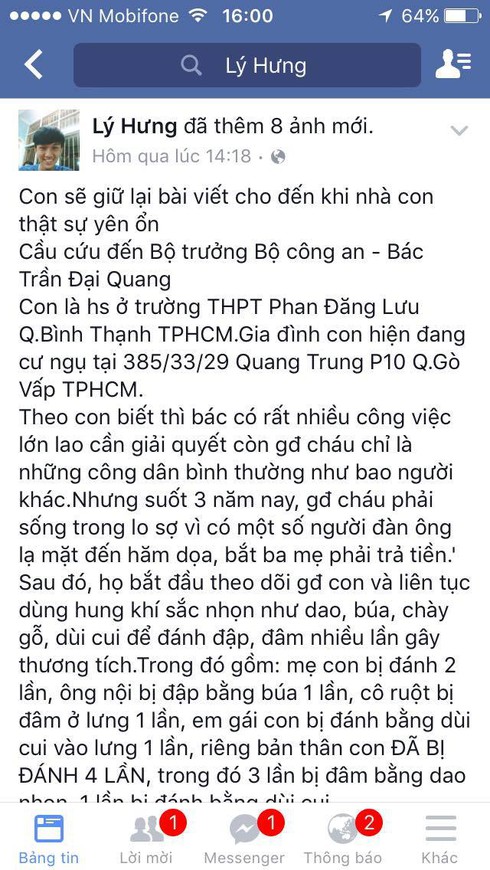 Vụ nam sinh cầu cứu Bộ trưởng Trần Đại Quang: Gia đình nạn nhân lại bị dọa giết - ảnh 1
