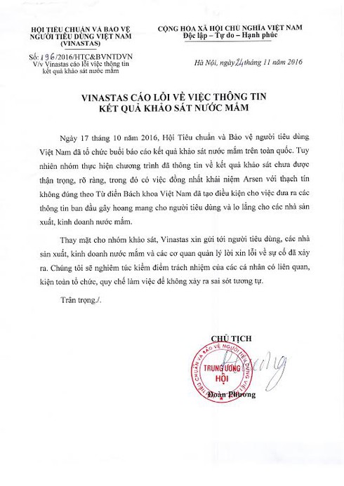 Vinastas cáo lỗi về việc thông tin kết quả khảo sát nước mắm - ảnh 2